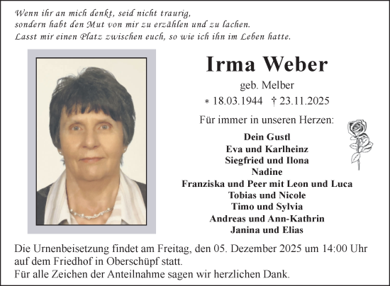 Traueranzeige von Irma Weber von Fränkische Nachrichten