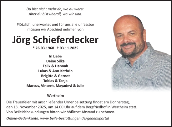 Traueranzeige von Jörg Schieferdecker von Fränkische Nachrichten