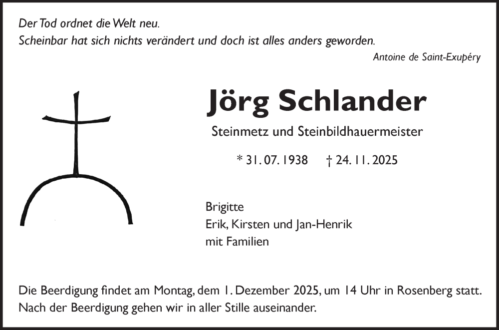  Traueranzeige für Jörg Schlander vom 29.11.2025 aus Fränkische Nachrichten