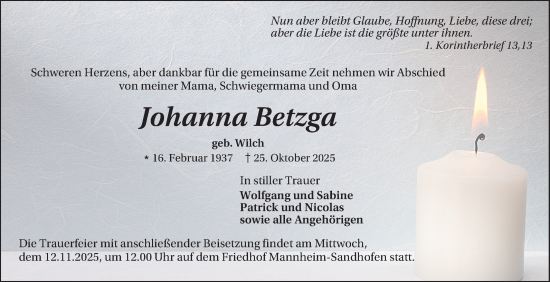 Traueranzeige von Johanna Betzga von Mannheimer Morgen