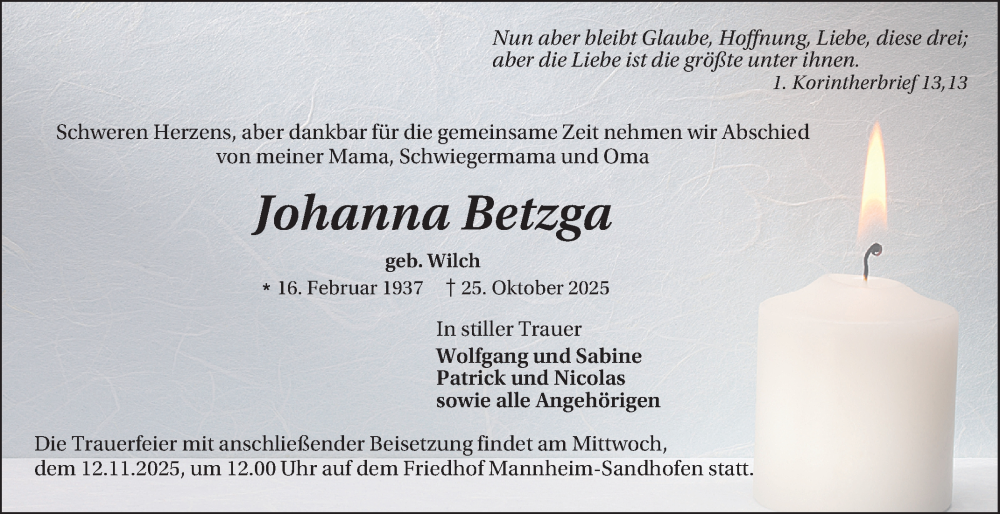  Traueranzeige für Johanna Betzga vom 08.11.2025 aus Mannheimer Morgen