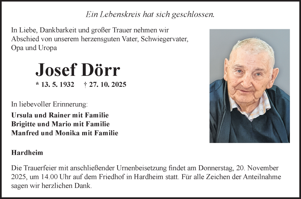  Traueranzeige für Josef Dörr vom 17.11.2025 aus Fränkische Nachrichten