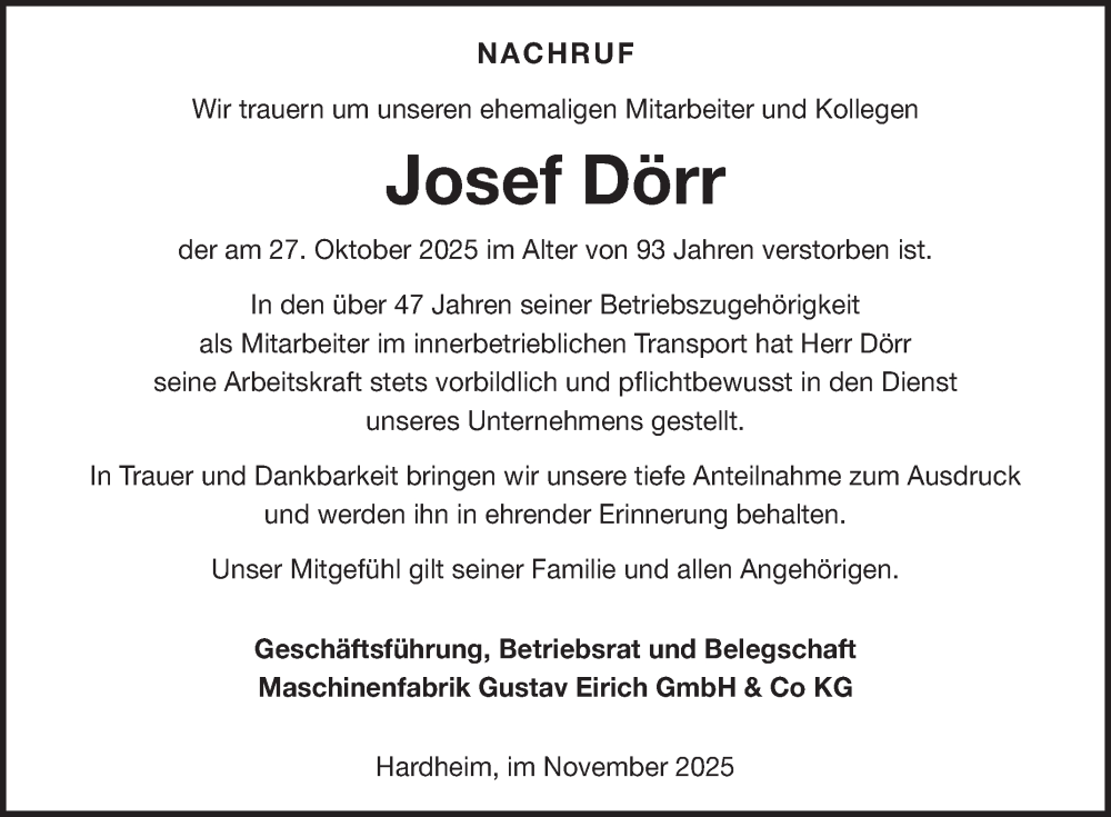 Traueranzeige für Josef Dörr vom 17.11.2025 aus Fränkische Nachrichten