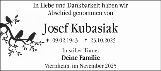 Traueranzeige von Josef Kubasiak von Mannheimer Morgen