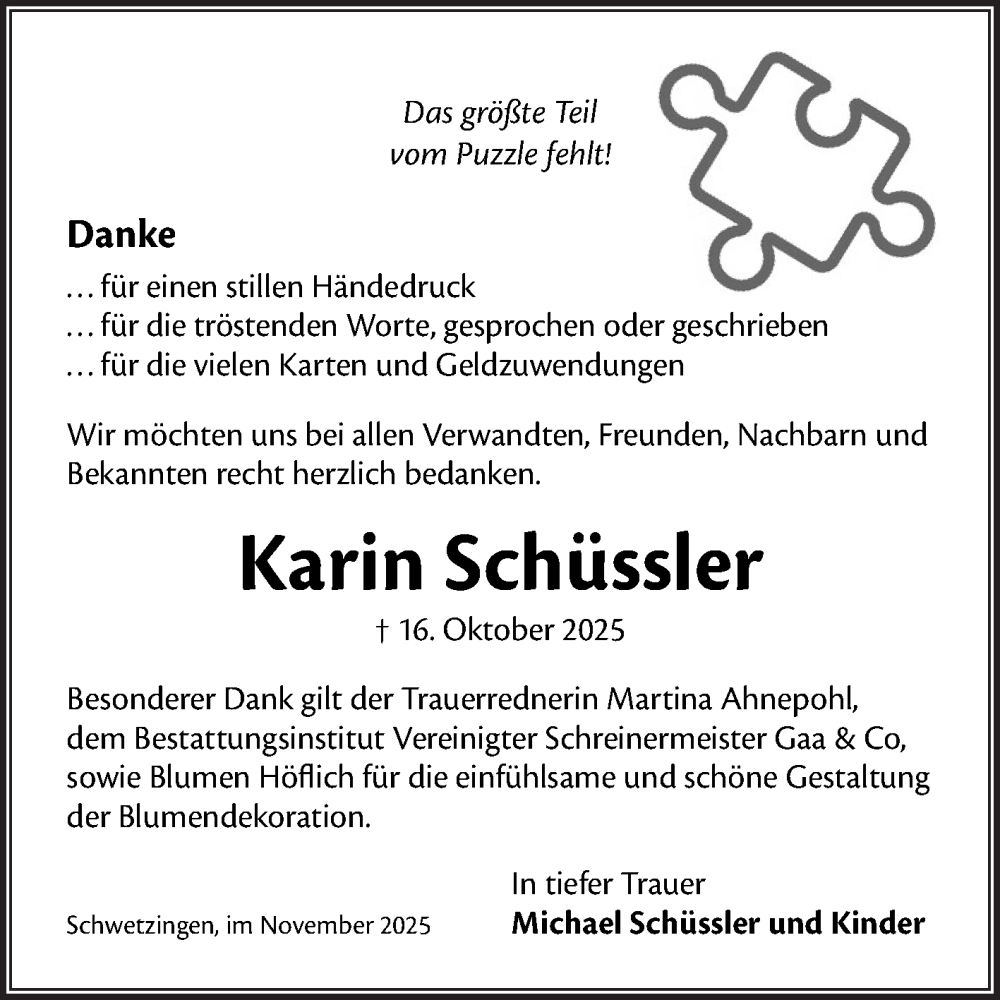  Traueranzeige für Karin Schüssler vom 15.11.2025 aus Schwetzinger Zeitung