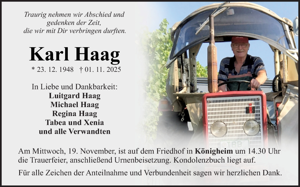  Traueranzeige für Karl Haag vom 11.11.2025 aus Fränkische Nachrichten
