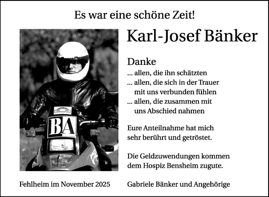 Traueranzeige von Karl-Josef Bänker von Bergsträßer Anzeiger