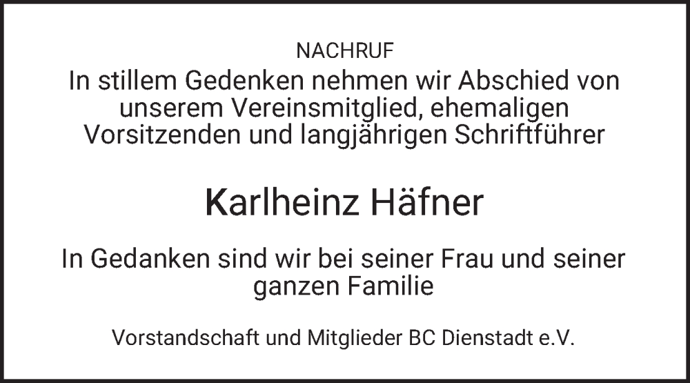  Traueranzeige für Karlheinz Häfner vom 13.11.2025 aus Fränkische Nachrichten