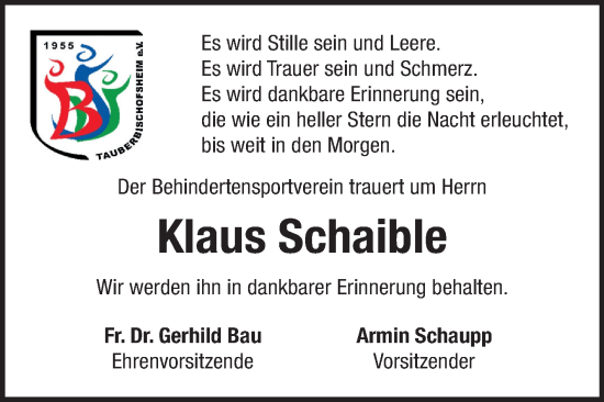 Traueranzeige von Klaus Schaible von Fränkische Nachrichten