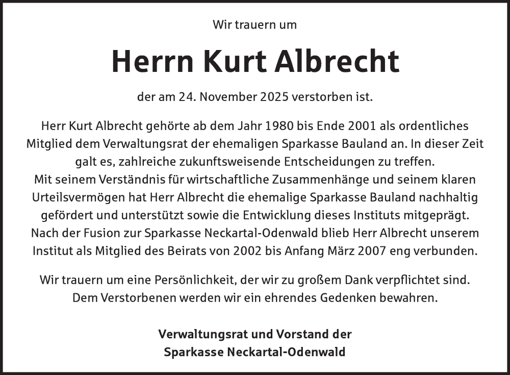  Traueranzeige für Kurt Albrecht vom 29.11.2025 aus Fränkische Nachrichten