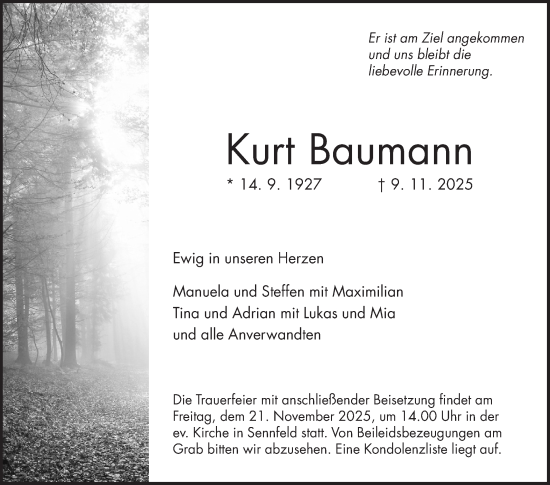 Traueranzeige von Kurt Baumann von Fränkische Nachrichten