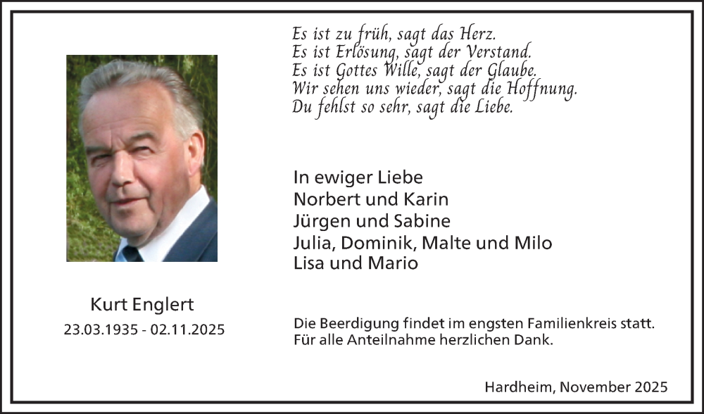  Traueranzeige für Kurt Englert vom 15.11.2025 aus Fränkische Nachrichten