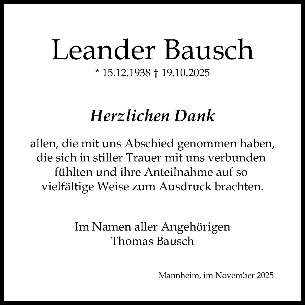  Traueranzeige für Leander Bausch vom 15.11.2025 aus Mannheimer Morgen