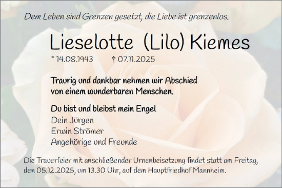 Traueranzeige von Lieselotte Kiemes von Mannheimer Morgen