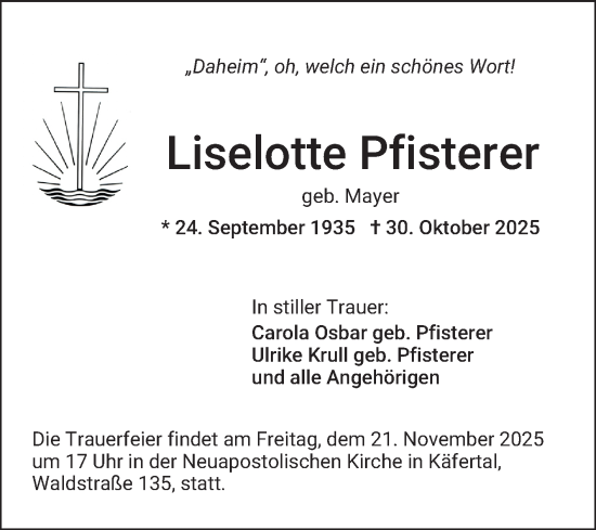 Traueranzeige von Liselotte Pfisterer von Mannheimer Morgen