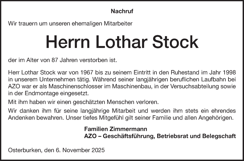  Traueranzeige für Lothar Stock vom 07.11.2025 aus Fränkische Nachrichten