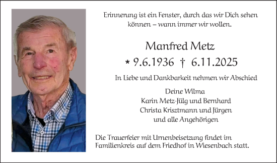 Traueranzeige von Manfred Metz von Fränkische Nachrichten