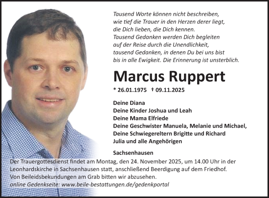 Traueranzeige von Marcus Ruppert von Fränkische Nachrichten