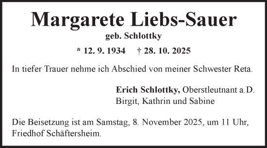Traueranzeige von Margarete Liebs-Sauer von Fränkische Nachrichten