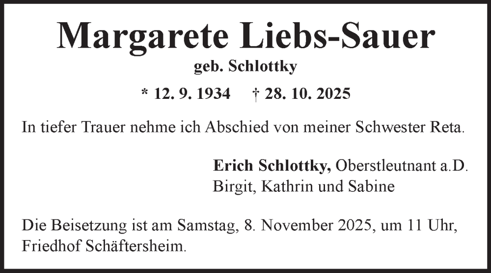  Traueranzeige für Margarete Liebs-Sauer vom 06.11.2025 aus Fränkische Nachrichten