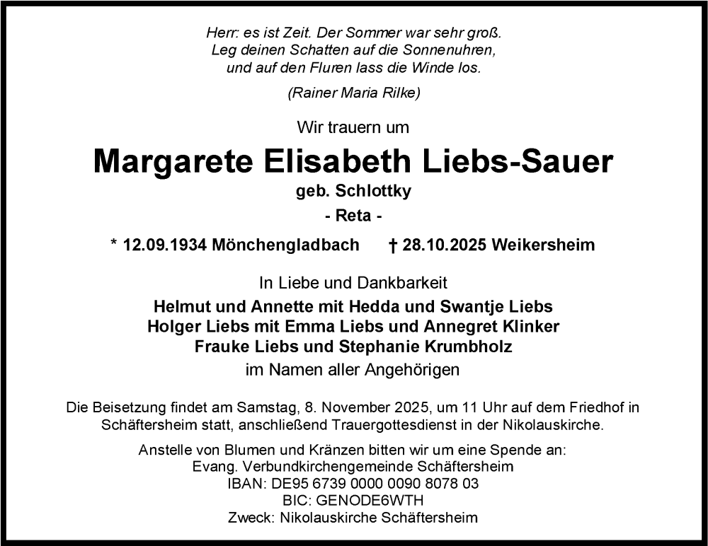  Traueranzeige für Margarete Elisabeth Liebs-Sauer vom 05.11.2025 aus Fränkische Nachrichten