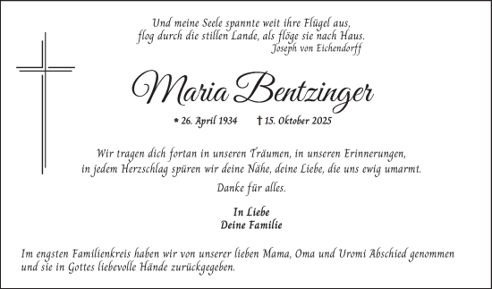 Traueranzeige von Maria Bentzinger von Mannheimer Morgen