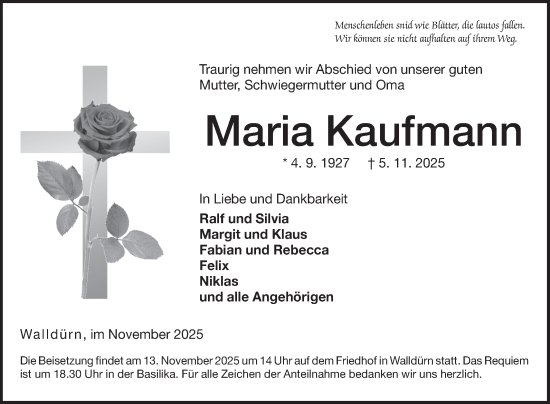 Traueranzeige von Maria Kaufmann von Fränkische Nachrichten