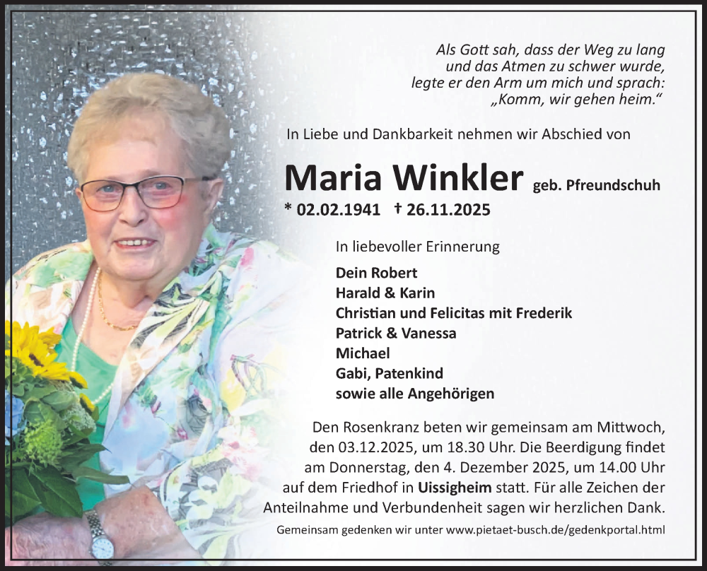  Traueranzeige für Maria Winkler vom 29.11.2025 aus Fränkische Nachrichten