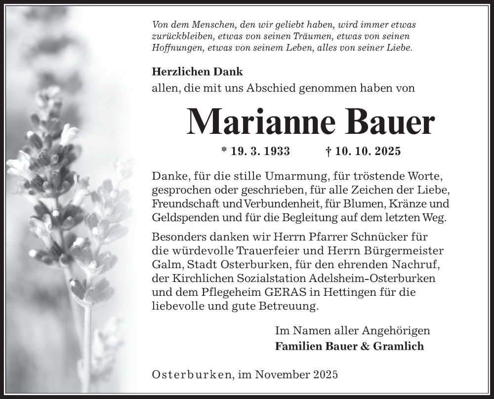  Traueranzeige für Marianne Bauer vom 15.11.2025 aus Fränkische Nachrichten