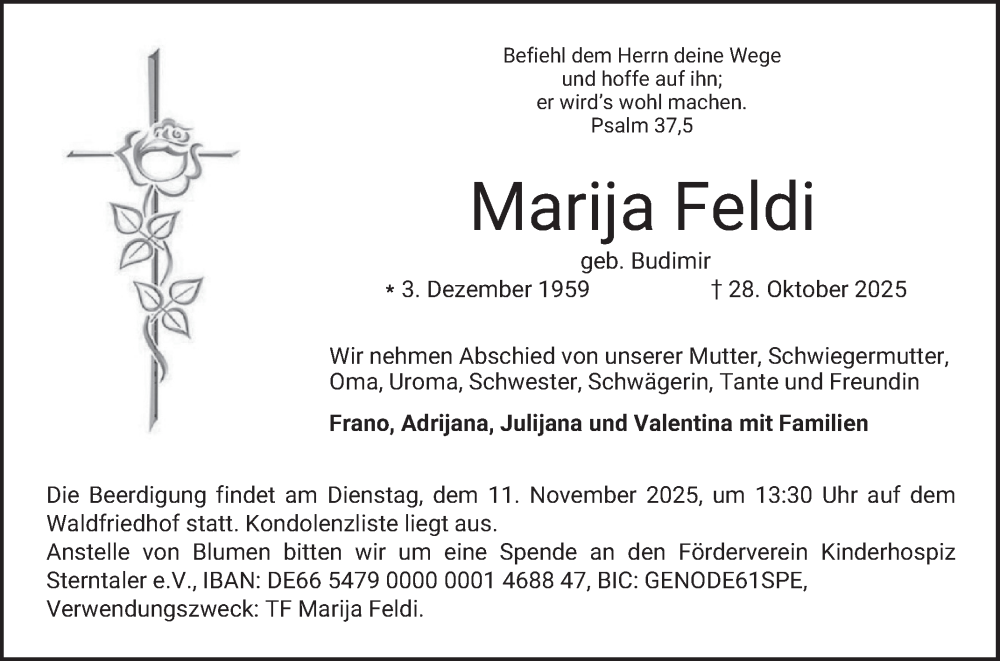  Traueranzeige für Marija Feldi vom 08.11.2025 aus Bergsträßer Anzeiger