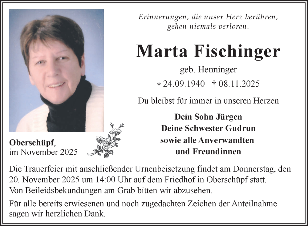  Traueranzeige für Marta Fischinger vom 18.11.2025 aus Fränkische Nachrichten