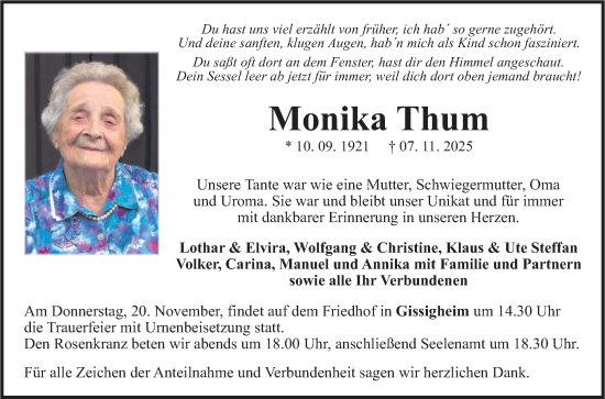 Traueranzeige von Monika Thum von Fränkische Nachrichten