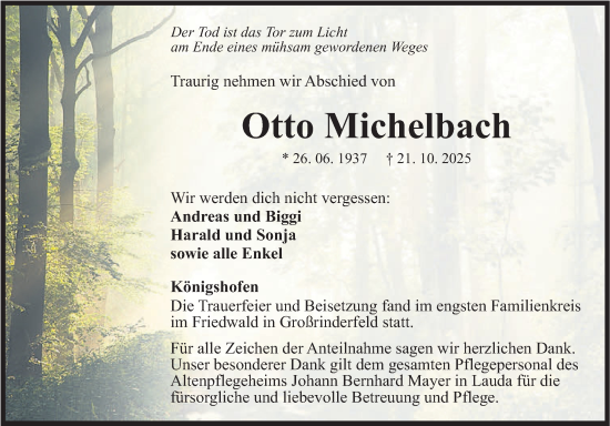 Traueranzeige von Otto Michelbach von Fränkische Nachrichten