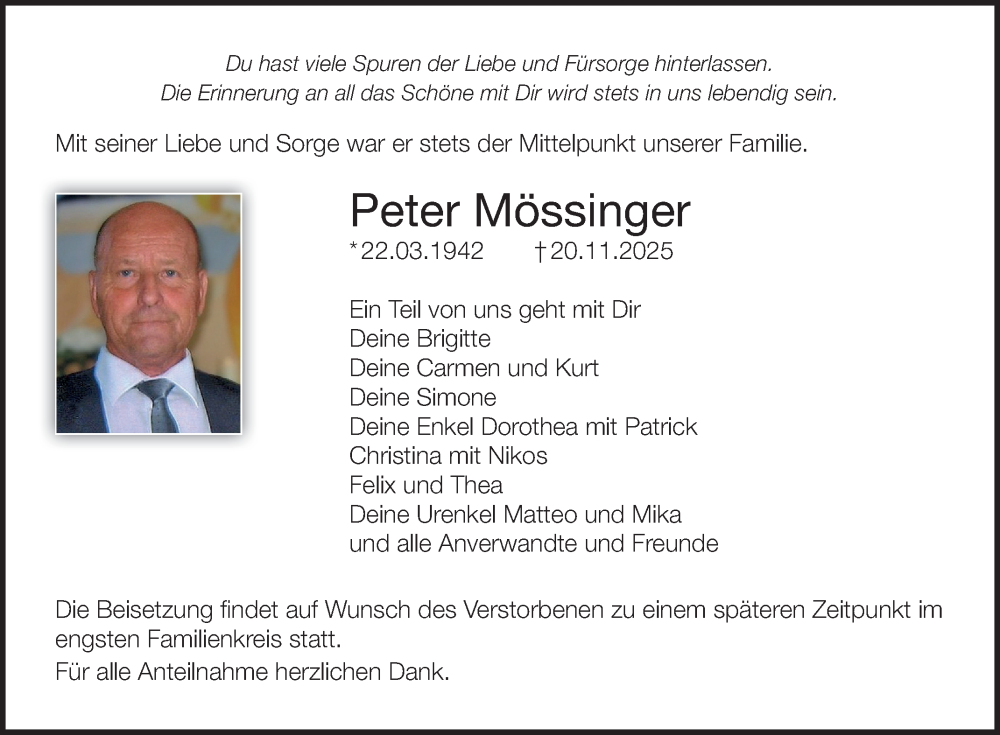  Traueranzeige für Peter Mössinger vom 22.11.2025 aus Fränkische Nachrichten