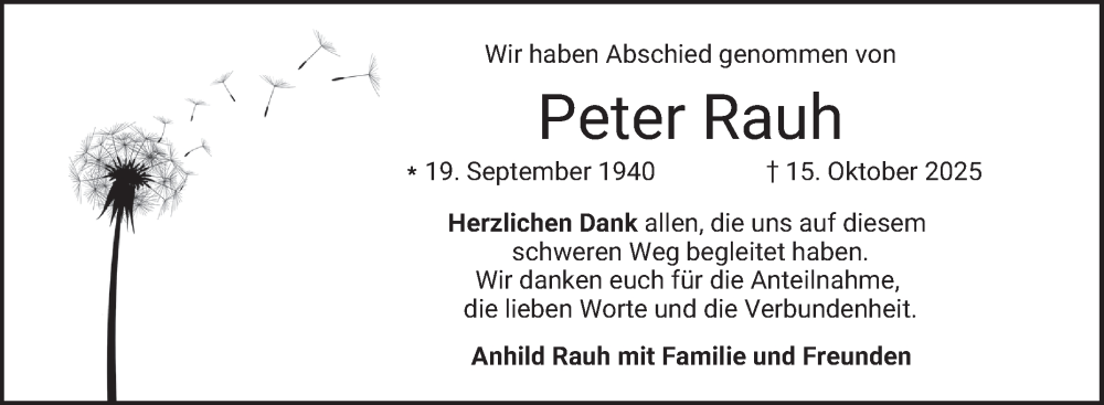  Traueranzeige für Peter Rauh vom 15.11.2025 aus Schwetzinger Zeitung