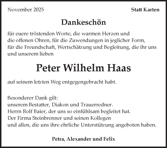 Traueranzeige von Peter Wilhelm Haas von Fränkische Nachrichten