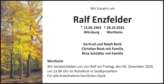 Traueranzeige von Ralf Enzfelder von Fränkische Nachrichten