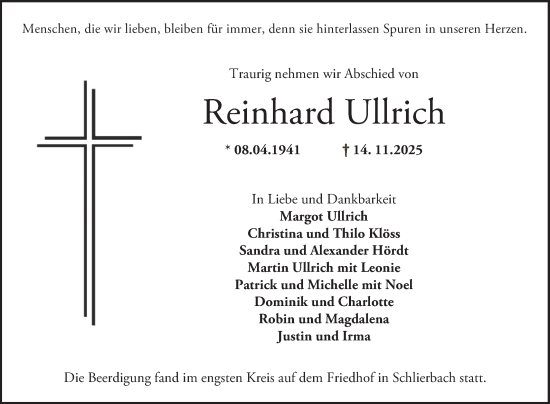 Traueranzeige von Reinhard Ullrich von Bergsträßer Anzeiger