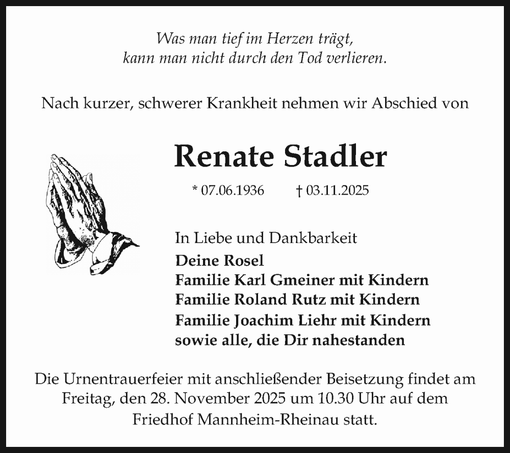  Traueranzeige für Renate Stadler vom 15.11.2025 aus Mannheimer Morgen