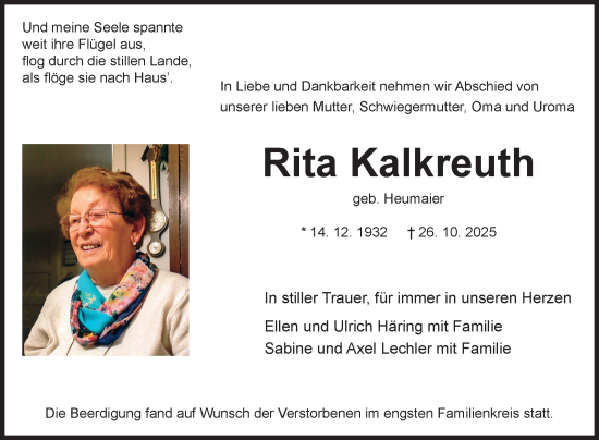Traueranzeige von Rita Kalkreuth von Fränkische Nachrichten