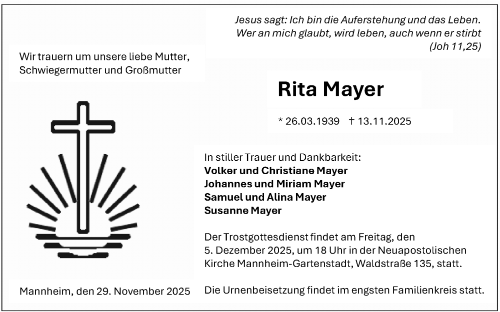  Traueranzeige für Rita Mayer vom 29.11.2025 aus Mannheimer Morgen