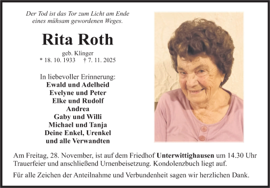 Traueranzeige von Rita Roth von Fränkische Nachrichten