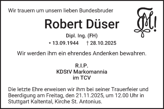 Traueranzeige von Robert Düser von Mannheimer Morgen
