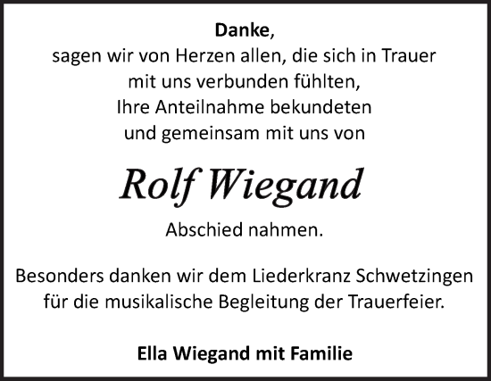 Traueranzeige von Rolf Wiegand von Schwetzinger Zeitung