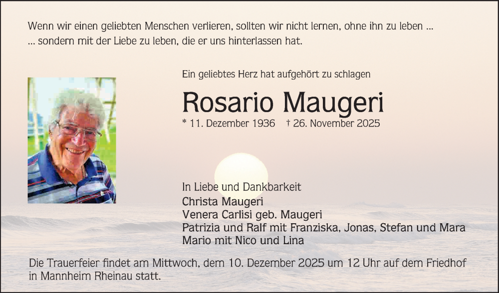  Traueranzeige für Rosario Maugeri vom 29.11.2025 aus Mannheimer Morgen