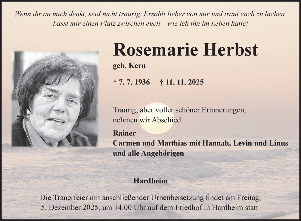  Traueranzeige für Rosemarie Herbst vom 01.12.2025 aus Fränkische Nachrichten