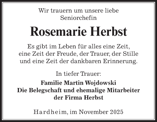 Traueranzeige von Rosemarie Herbst von Fränkische Nachrichten