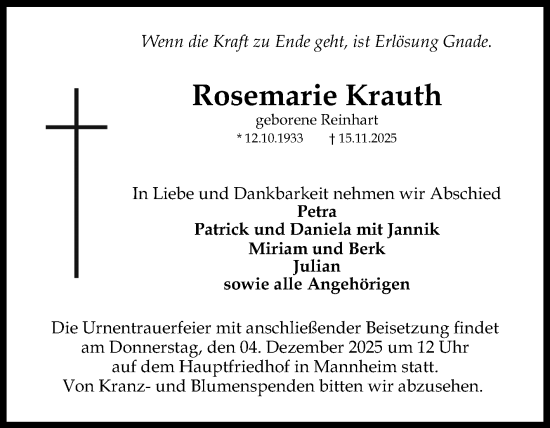 Traueranzeige von Rosemarie Krauth von Mannheimer Morgen