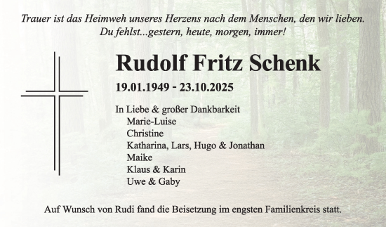 Traueranzeige von Rudolf Fritz Schenk von Mannheimer Morgen