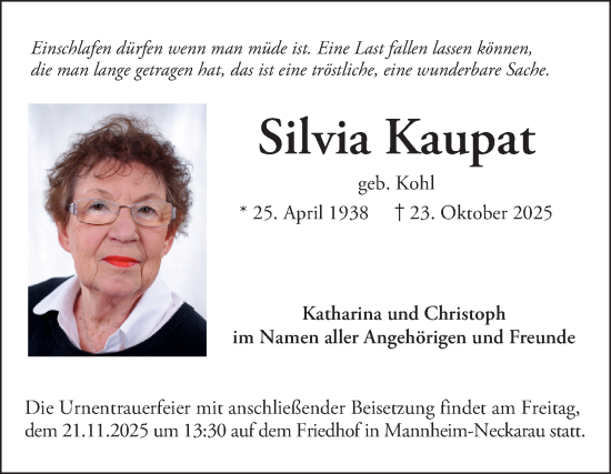 Traueranzeige von Silvia Kaupat von Mannheimer Morgen
